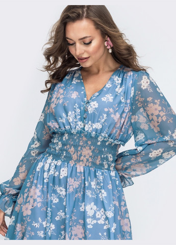 Голубое шифоновое платье с принтом и широкой резинкой по талии голубое Dressa