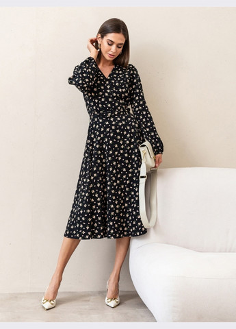 Чорна сукня-міді на запах чорна з квітковим принтом Dressa