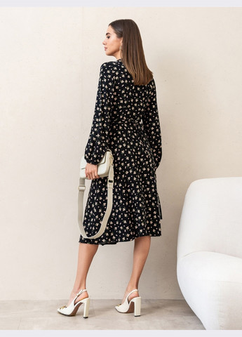 Чорна сукня-міді на запах чорна з квітковим принтом Dressa
