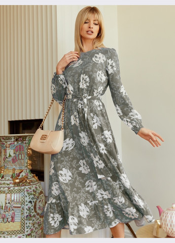 Оливкова (хакі) кежуал кежуал плаття кольору хакі в квітковий принт та воланом знизу кльош Dressa з квітковим принтом