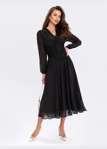 Черное кэжуал шифоновое кежуал платье чёрного цвета в горошек с расклешенной юбкой клеш Dressa в горошек