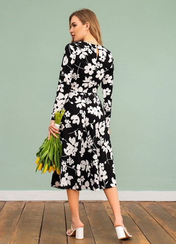 Черное повседневный платье женское клеш ISSA PLUS с цветочным принтом