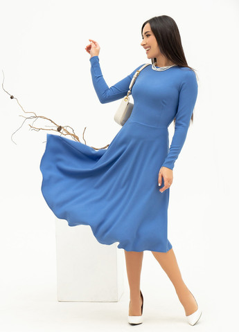 Темно-блакитна повсякденний сукня жіноча кльош ISSA PLUS однотонна