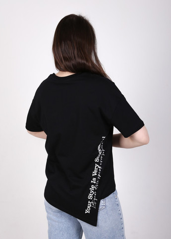 Черная летняя футболка женская черная с надписью ассиметрия с коротким рукавом Whitney Прямая