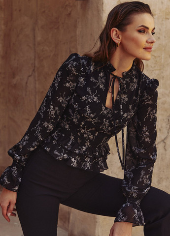 Чорна шифонова блуза з елементами корсета Gepur