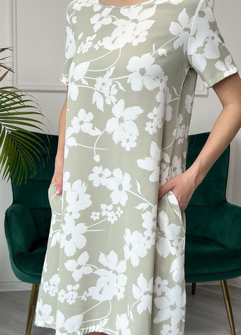 Оливковое повседневный платье женское баллон ISSA PLUS с цветочным принтом