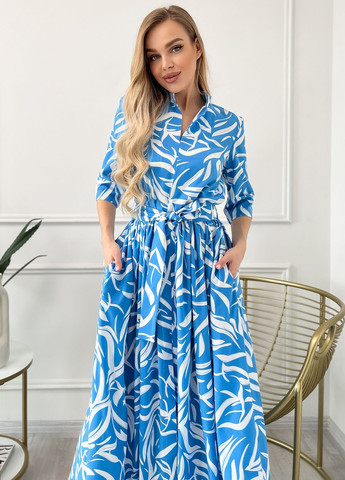 Блакитна повсякденний сукня жіноча кльош ISSA PLUS з абстрактним візерунком