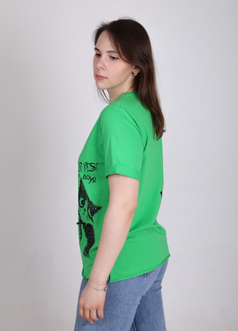 Зеленая всесезон футболка женская зеленая прямая с котом с коротким рукавом JEANSclub Прямая