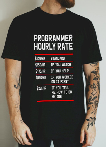 Чорна футболка "programmer hourly rate... " Ctrl+