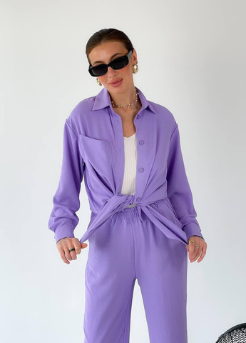 Летний брючный костюм-двойка рубашка и широкие штаны палаццо клеш S-M L-XL (42-44 46-48) лаванда No Brand (258243501)