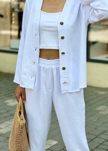 Летний брючный костюм-двойка рубашка брюки свободного кроя S-M L-XL(42-44 46-48) белый No Brand (258243472)