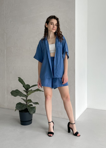 Жіноча льняна сорочка з коротким рукавом синя Фріулі 200000143 Merlini фриули (258280324)