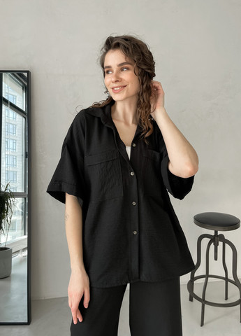 Жіноча льняна сорочка з коротким рукавом чорна Фріулі 200000141 Merlini фриули (258280320)