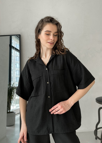 Жіноча льняна сорочка з коротким рукавом чорна Фріулі 200000141 Merlini фриули (258280320)