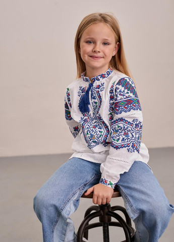 Бежева вишиванка для дівчинки "казка" синя MEREZHKA візерунок українська символіка бязь (258287620)