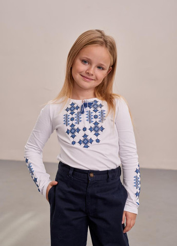 Біла трикотажна вишиванка для дівчинки "зоряне сяйво" MEREZHKA візерунок українська символіка бавовна (258287660)