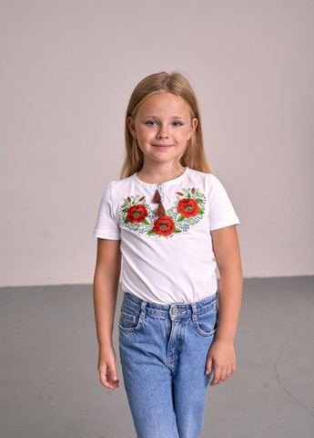 Трикотажна футболка з вишивкою для дівчинки "Маки-волошки" MEREZHKA (258287661)