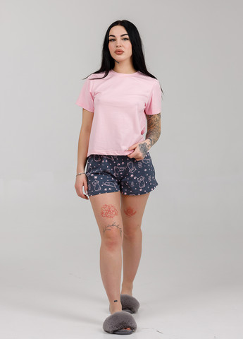 Комбінована всесезон піжама стрейч кулір (футболка-шорти) рожевий-сірий футболка + шорти SONTSVIT