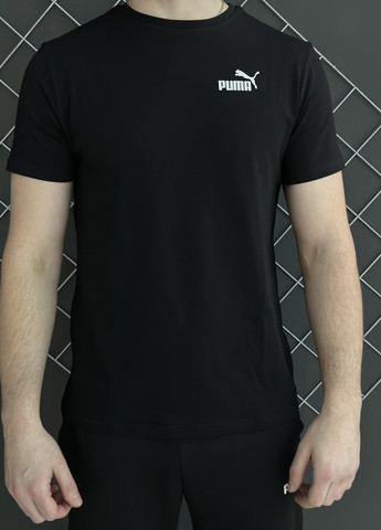 Черный демисезонный костюм штаны черные puma (белый лого) + футболка черная puma Vakko