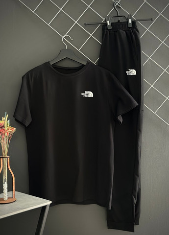 Черный демисезонный костюм штаны черные tnf (белый лого) + футболка черная tnf Vakko