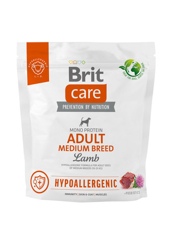 Корм для собак средних пород Dog Hypoallergenic Adult Medium Breed гипоаллергенный с ягненком, 1 кг Brit Care (258417159)