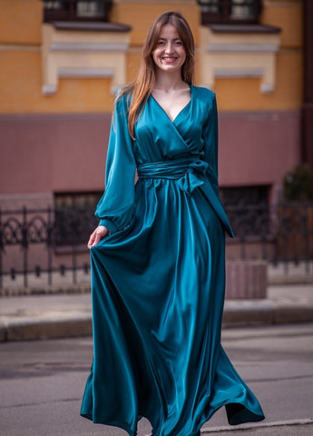 Синее вечернее платье с юбкой-солнце, а-силуэт, на запах JadFashion однотонное