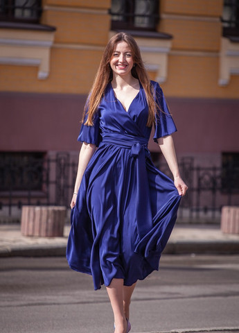 Синее вечернее платье а-силуэт, на запах JadFashion однотонное