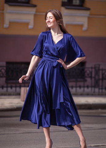 Синее вечернее платье а-силуэт, на запах JadFashion однотонное