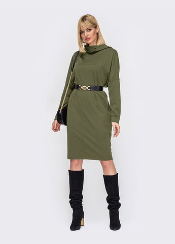 Оливкова (хакі) сукня-міді кольору хакі з рукавом «летюча миша» Dressa