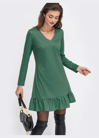 Зеленое зеленое платье-трапеция в «гусиную лапку» с оборкой по низу Dressa