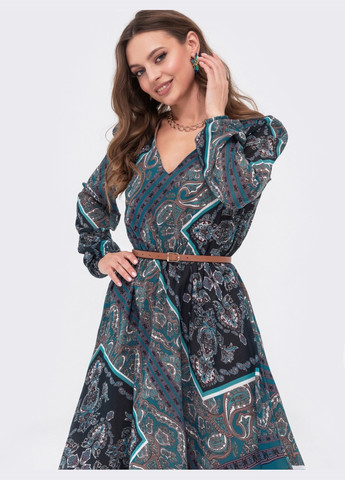 Бирюзовое шифоновое платье с принтом и v-образным вырезом бирюзовое Dressa