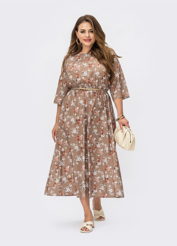 Бежевое платье батал из софта с принтом и расклешенной юбкой бежевое Dressa