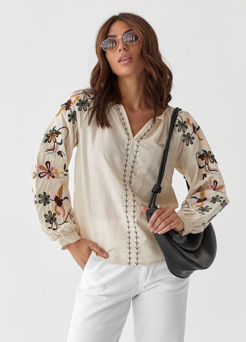 Жіноча вишиванка бежева, бавовняна блузка з вишивкою S M L(42 44 46) No Brand (258486821)