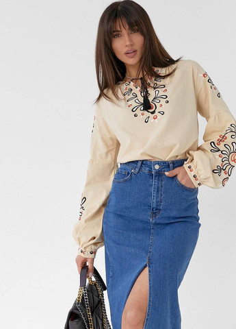 Бежевая женская бежевая вышиванка, хлопковая блузка с вышивкой рукав фонарик s m l(42 44 46) (258486818)