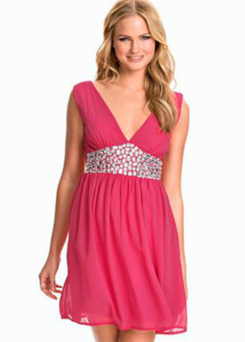 Рожева вечірня жіноча міні сукня з глибоким декольте а-силует, кльош, з пишною спідницею, плісована, з відкритою спиною Club L однотонна