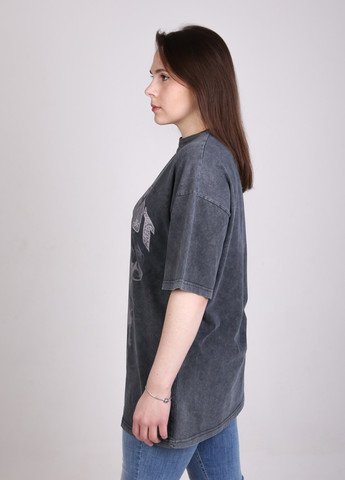 Сіра всесезон футболка жіноча сіра варена подовжена з написом з коротким рукавом Cracpot Свободная
