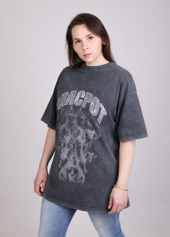 Сіра всесезон футболка жіноча сіра варена подовжена з написом з коротким рукавом Cracpot Свободная