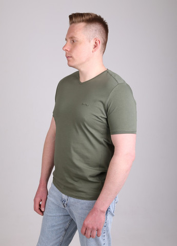 Хакі (оливкова) футболка чоловіча хакі з мисом однотонна стрейчева з коротким рукавом Jean Piere Прямая