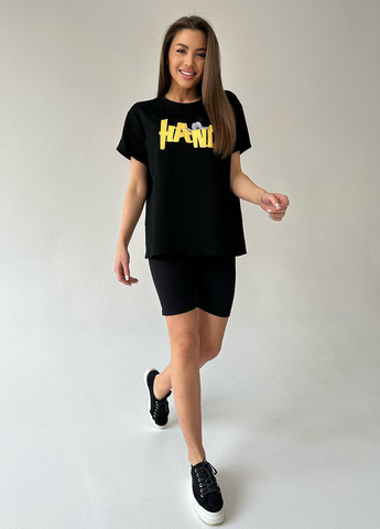 Чорна літня футболка жіноча з коротким рукавом ISSA PLUS WN20-459