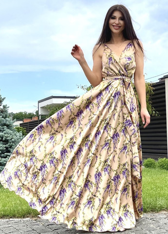 Золотой повседневный элегантное платье на тонких бретелях Jadone Fashion с цветочным принтом