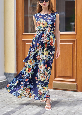 Синее повседневный изысканное платье в пол Jadone Fashion с цветочным принтом