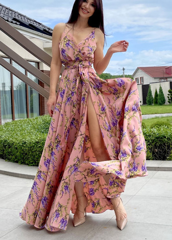 Пудровое повседневный элегантное платье на тонких бретелях Jadone Fashion с цветочным принтом