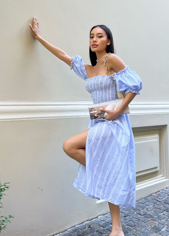 Блакитна повсякденний оригінальна літня сукня з повітряної тканини у клітинку Jadone Fashion в клітинку