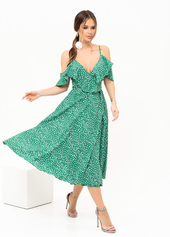 Зеленое повседневный платье женское на запах ISSA PLUS в горошек