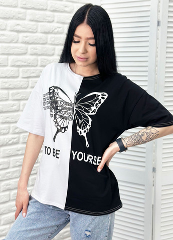 Черная летняя летняя женская футболка с коротким рукавом Fashion Girl Butterfly
