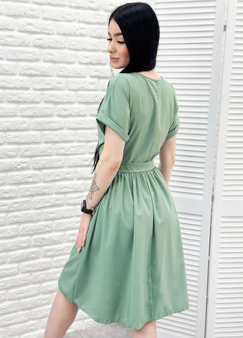 Оливковое повседневный женское платье миди с короткими рукавами Fashion Girl однотонное