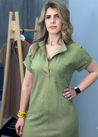 Оливковое кэжуал женское льняное платье летнее Fashion Girl однотонное
