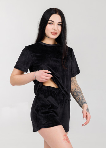Чорна всесезон піжама велюр (футболка-шорти) чорний футболка + шорти SONTSVIT