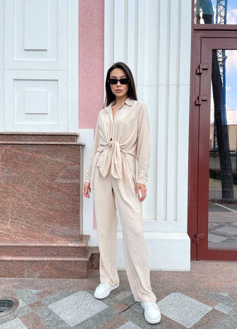 Жіночий літній брючний костюм S-M L-XL (42-46 48-50) легкий (сорочка+штани кльош) молочний No Brand (258906566)