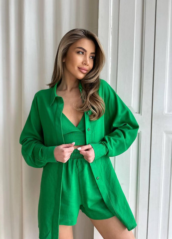 Женский летний костюм тройка рубашка+топ+шорты S-M L-XL (42-44 46-48) повседневный комплект зеленый No Brand (258906551)